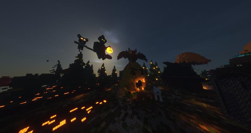 Hexe reiter über Halloweendorf bei Nacht